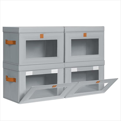 Homsorout Medium Fabric Storage bins - Collapsible Storage Bins with Open Window, 4 Pack Closet Baskets for Shelves, Stackable Decorative Boxes for Home, Dorm, Grey, 13.7"x 9.8" x 9.8"