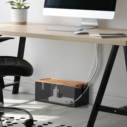 Large Wood Cable Management Box - Cable Organizer Box - 2 Open Slots Cords Hider Box - Under Desk Cord Organizer for Power Strip Extension Cord Surge Protector Charger Wire, Black