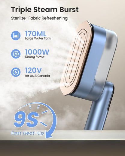 2-in-1 Steamer Iron for Clothes, 1000W, 9s Fast Heat-Up, 120V