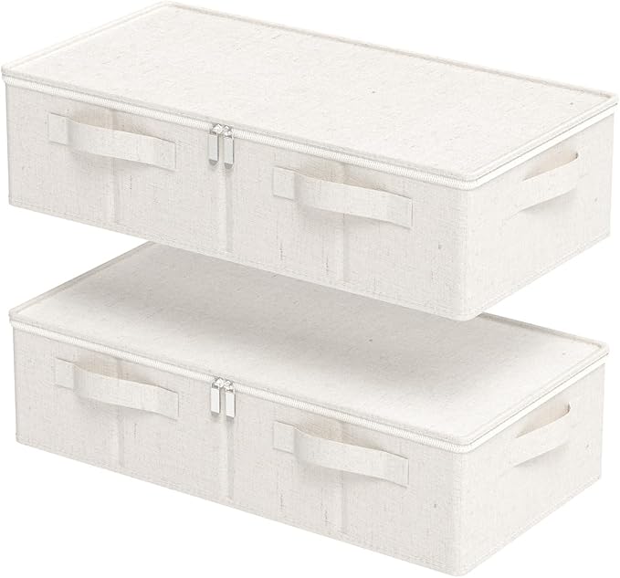 Underbed Storage Container, Foldable Under Bed Bins, Wardrobe Organisers with Lid for Organizing Clothes, Sheets, Blankets, Comforter, 23.6x11.8x5.9in, Beige, 2 Pack