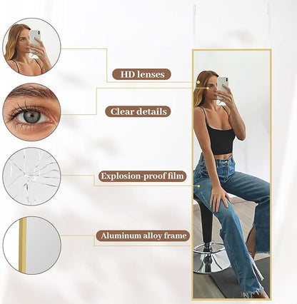 BEAUTYPEAK 14" x 48" Adjustable Height Over The Door Mirror, Rectangular Full Length Hanging Door Mirror with Shatterproof Tempered Glass Aluminum Alloy Frame for Dormitory, Gold