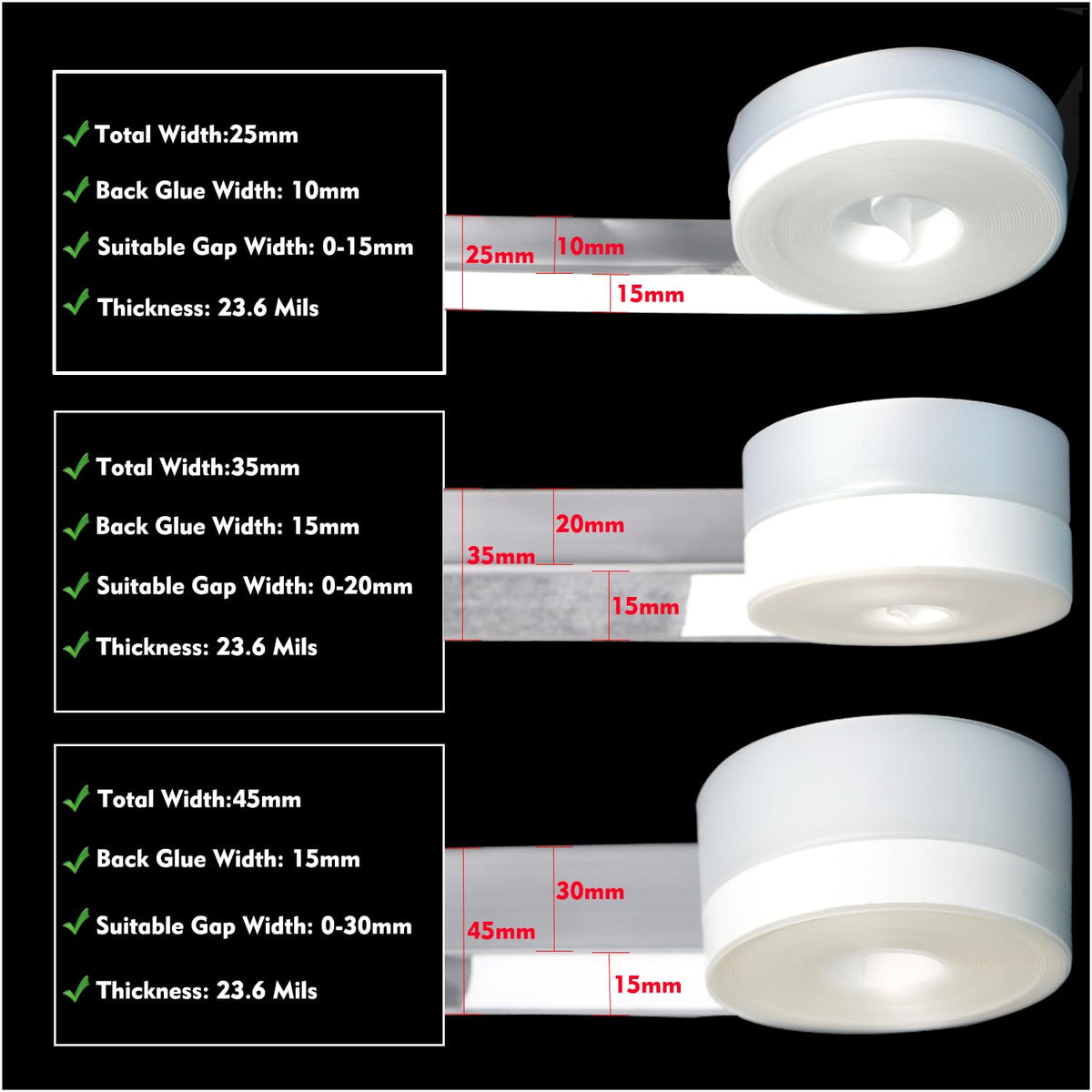 Silicone Seal Weather Stripping Tape 16.5 Feet Strip Bottom Draft Insulation Stopper Tape Weatherproof Soundproof for Door or Window Bathroom Shower Glass Gaps（25mm*5m）