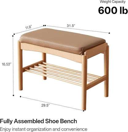 Solid Wood Shoe Bench Assembled, Shoe Rack Bench with Silicone Leather Cushion for Entryway, Living Room, Bedroom, Hallway, 11.8" x 31.5" x 16.5", Natural & Brown
