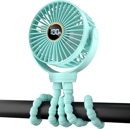 Portable Stroller Mini Fan, Small Rechargeable Personal Fan, Travel Essentials for Baby, Wagon, Car Seat, Treadmill, Battery Powered Biking Gear Accessories, 360° Rotation, 3-Speed, Display, Aqua