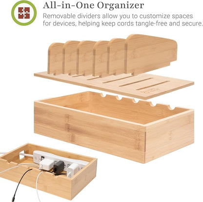 Prosumer's Choice Wooden Charging Station Organizer - 5-Port Base for Phones, Tablets and Laptops - Multi-Device Docking Station with Removable Divider Slots - Cord Box with Cable Management - Bamboo