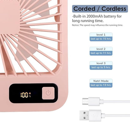 Small Desk Fan, Portable USB Rechargeable Fan, Tilt Folding Personal Mini Fan with 2000mAh Battery and LCD Display, Strong Wind, Ultra Quiet, 5 Speed Modes for Office, Home, Camping