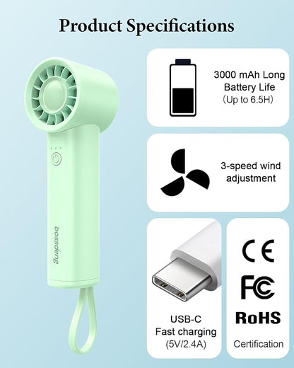 Portable Handheld Fan with Power Bank(High-Speed),3 IN 1 USB Rechargeable Mini Personal Fan with Flashlight,Small Size for Outdoor/Travel/Beach/Concerts/Summer.Gifts for Girl,Women.Green