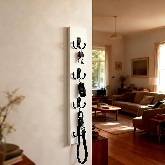 Vertical Key Holder for Wall Mounted Vertical Wooden Key Rack Organizer with Hooks-Small Space Saving Entryway Organizer for Keys(White)