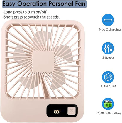 Small Desk Fan, Portable USB Rechargeable Fan, Tilt Folding Personal Mini Fan with 2000mAh Battery and LCD Display, Strong Wind, Ultra Quiet, 5 Speed Modes for Office, Home, Camping (khaki)