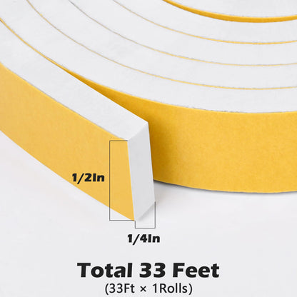 White Door Window Weather Stripping Self Adhesive Foam Tape High Density Foam Sealing Strip Window Insulation Weatherproof Gasket Tape for Doors and Windows (33 Foot)