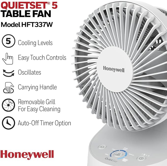 Honeywell QuietSet 5 Oscillating Table Fan, White – Personal and Small Room Fan with Quiet Operation and 5 Levels of Power and Sound