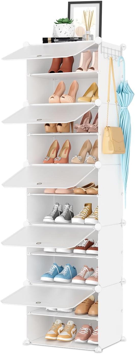 Shoe Rack 10 Tier Shoe Storage Cabinet with Door 20 Pair Tall Shoes Rack Organizer Free Standing Expandable Stable Plastic Easy Assembly Shoes Shelf for Closet Hallway Entryway Bedroom White