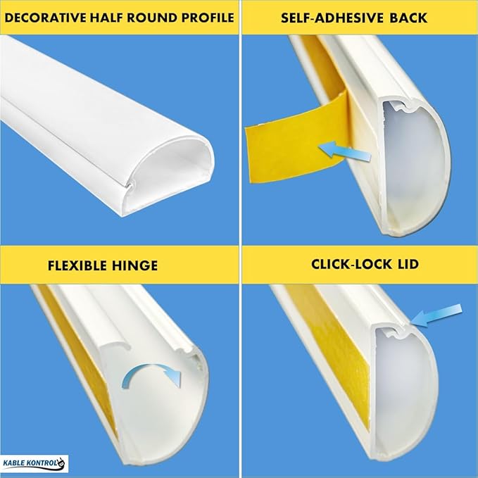 Kable Kontrol Half Round Cord Hider, Outdoor Cable Cover, Hide TV Wall Mount Wires, Raceway for Cords, Decorative, Paintable, Adhesive Cable Concealer - 1.2in W x 0.50in H x 60in L – 1 Pc- White