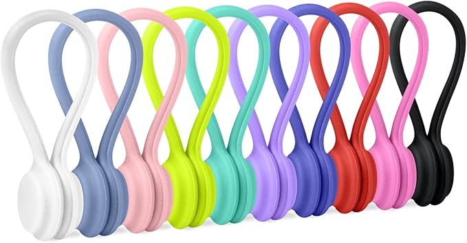 Motiloo Reusable Magnetic Cable Ties for Bundling and Organizing, Holding Stuff, Book Markers, Fridge Magnets Twist Ties(10 Colors - 10 Pack)