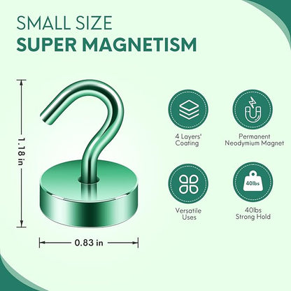 Neosmuk Magnetic Hooks, Cruise Ship Essentials, 40lb+ Heavy Duty Magnetic Hooks for Cruise Cabins, Refrigerator, Grill, Hanging, and Travel | Extra Strong Must-Haves Magnet Hook,Green,Pack of 10