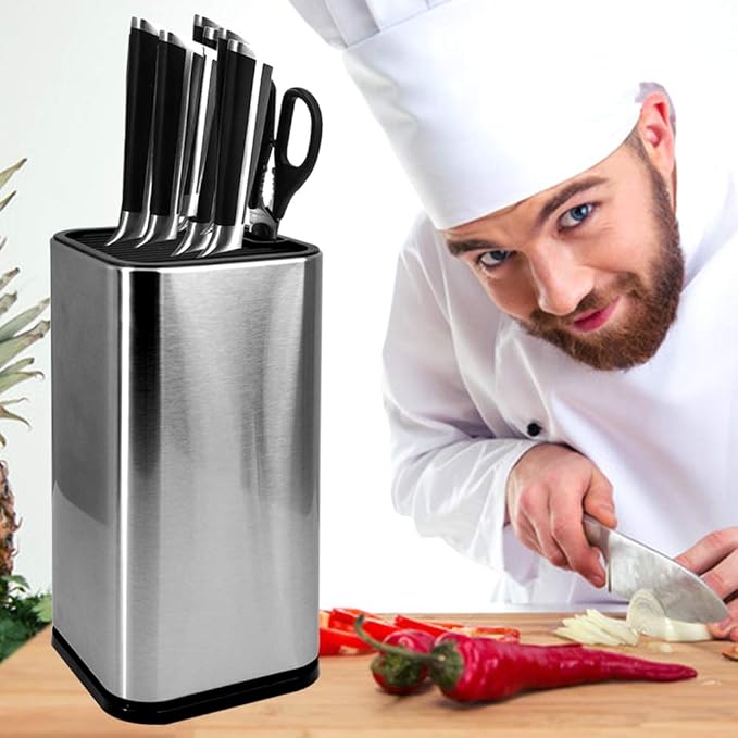 Stainless Steel Universal Knife Block Holder with Slots for Scissors or Sharpening Rod, Space Saver Knife Storage, Detachable for Easy Cleaning, Square Knife Holder For Safe