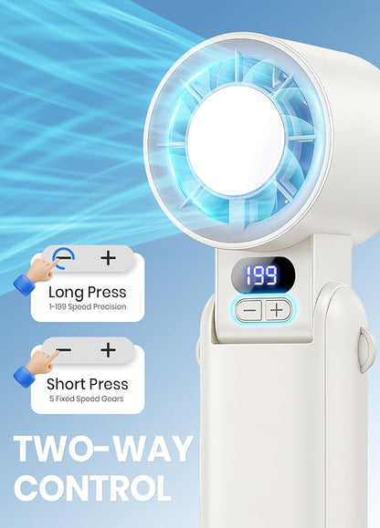 Portable Handheld Turbo Fan, 1-199 Speed Adjustable with LED Display, High-Power Motor, Rechargeable Battery, 4 IN 1 Pocket Design Mini Fans for Indoor/Outdoor/Travel/Work, White