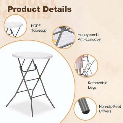 32" Round Folding Table, Portable Bar Height Folding Table with Detachable Legs, Round Foldable Table with HDPE Top for Standing Parties, Balcony, Event, Indoor Outdoor Use (White, 2 Pack)