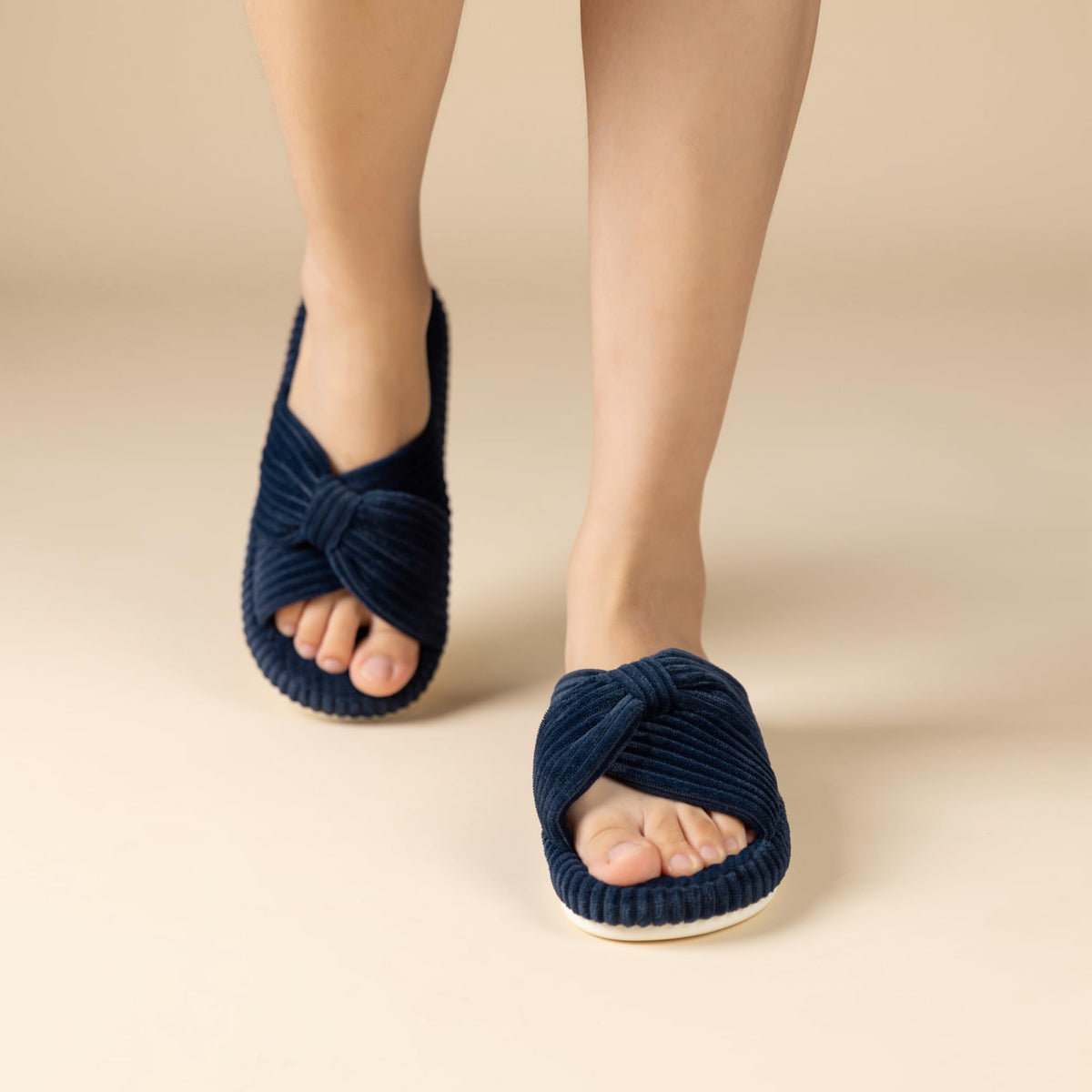 Slippers for Women Memory Foam House Bedroom Corduroy Bow Crossbands Slipper Shoes Comfy Trendy Gift Slippers Navy Blue Size 11 12 10.5