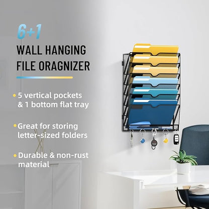 SUPEASY 7-Tier Wall File Holder Organizer with Hooks, Mesh Hanging File Organizer, Mail Organizer Wall Mounted for Papers, Folders, Office Magazine Rack, Black, 2Pack