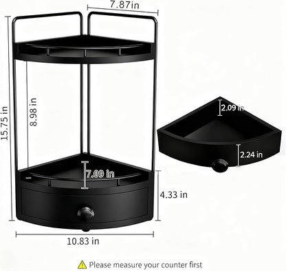 2-Tier Corner Bathroom Countertop Organizer with Drawer, Wooden Vanity Organizers for Makeup and Skincare Storage, Corner Counter Shelf with Embedded Screw Holes, Black