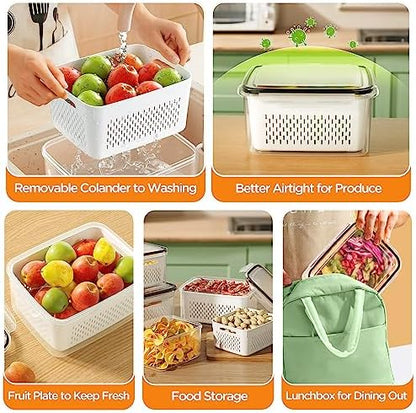 5-Pack Fruit Storage Containers for Fridge with Removable Colanders, 4 in 1 Produce Storage Containers with Lids, Leakproof Fridge Organizer Bins for Salad Berry Lettuce Vegetables Meat Keeper Fresh