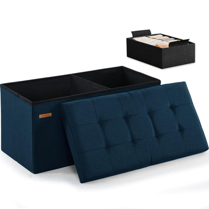 Ottoman with Storage Bench Folding Foot Rest Stool Linen Navy