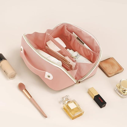 Prite Makeup Bag for Women Travel Waterproof Vegan Leather Cosmetic Bag Open Flat Toiletry Bag With Clear Divider and Handle (Pink, Medium)