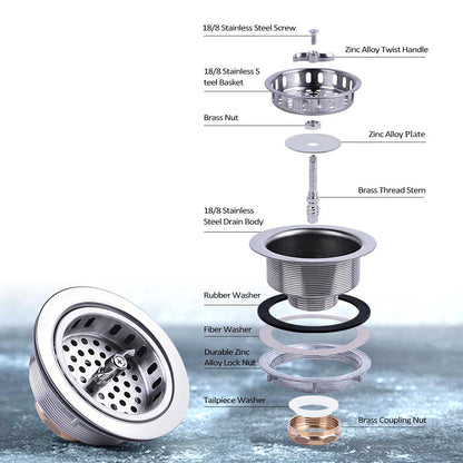 304 Stainless Steel Kitchen Sink Twist Lock Basket Drain Assembly W