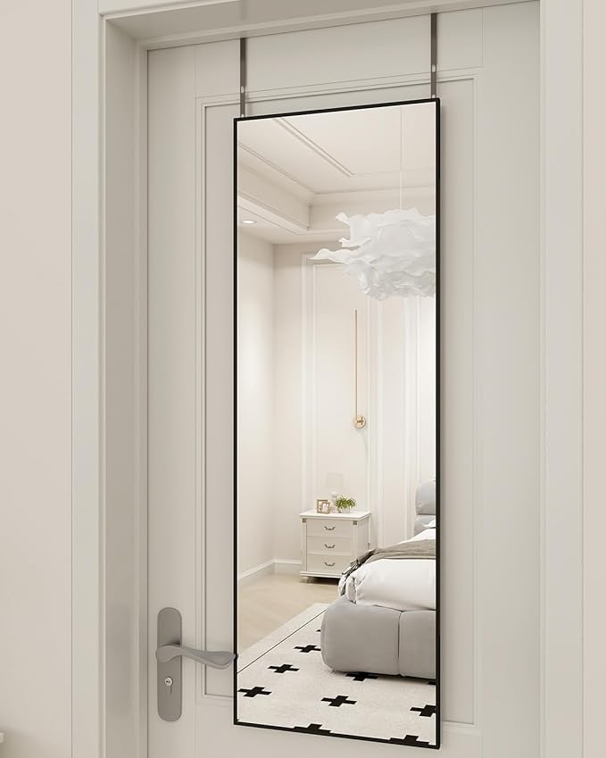 BEAUTYPEAK 16" x 50" Adjustable Height Over The Door Mirror, Full Length Hanging Door Mirror with Shatterproof Tempered Glass Aluminum Alloy Frame for Bedroom, Living Room, Bathroom, Dorm, Black