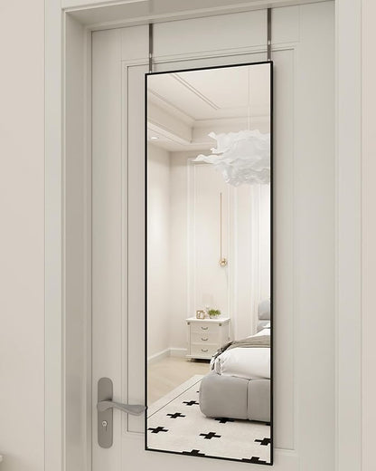 BEAUTYPEAK 16" x 50" Adjustable Height Over The Door Mirror, Full Length Hanging Door Mirror with Shatterproof Tempered Glass Aluminum Alloy Frame for Bedroom, Living Room, Bathroom, Dorm, Black
