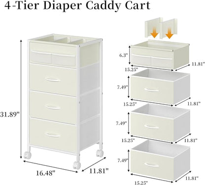 4-Tier Baby Diaper Caddy Organizer Cart with 3 Storage Drawers, Rolling Cart with Dividers & Side Pockets for Nursery, Baby Essentials, Toys, Wipes & Creams, Portable Kids Storage Cart & Station
