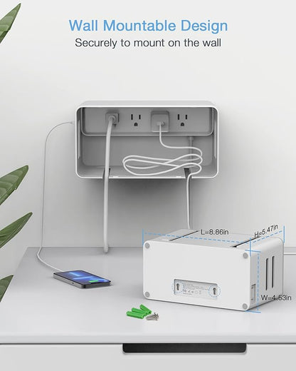 TESSAN Power Strip with Cable Management Box, 5 ft Flat Plug Extension Cord, 4 Outlets 2 USB Ports with Overload Switch, Mountable White Power Cord Organizer Charging Station for Dorm, Office, Home