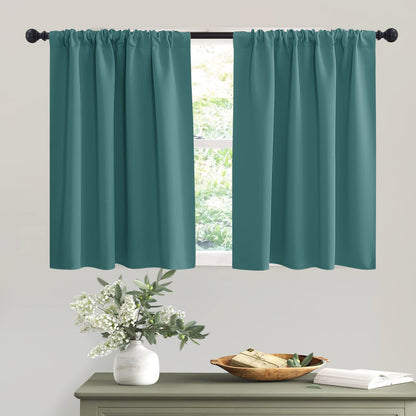 Short Teal Blackout Curtains for Small Bedroom Kitchen Cafe Window