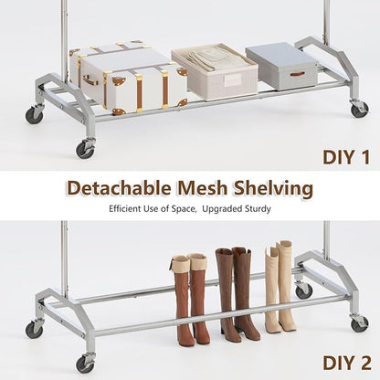 Wiracks Clothes Rack Clothing Rack with Wheels Rolling Clothing Rack for Hanging Clothes Garment Rack Loads 300 LBS for Bedroom, Laundry Room, Retail Store (Silver)