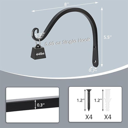 Gtongoko 2 Pack 8 Inch Plant Hangers Outdoor Metal, Plant Hooks for Wall Indoor, 44lb Capacity Outdoor Hooks for Hanging Bird Feeders, Lanterns, Wind Chinme, Black