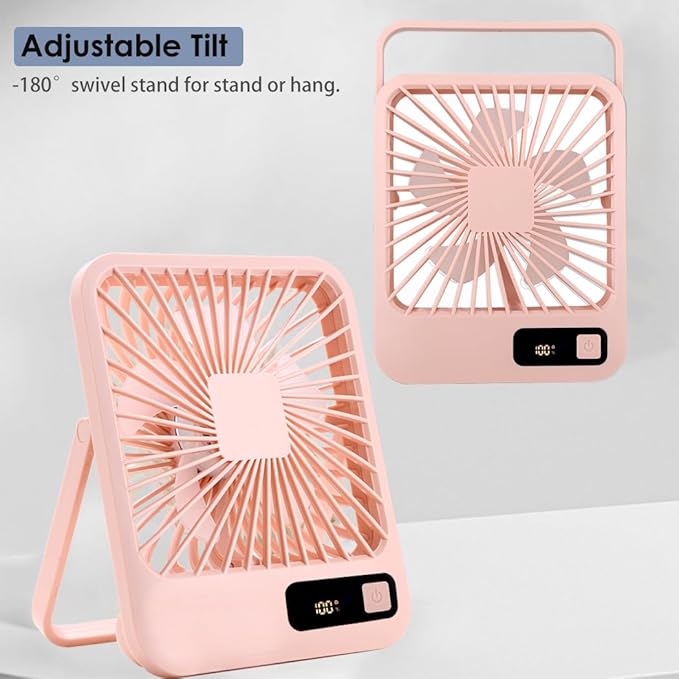 Small Desk Fan, Portable USB Rechargeable Fan, Tilt Folding Personal Mini Fan with 2000mAh Battery and LCD Display, Strong Wind, Ultra Quiet, 5 Speed Modes for Office, Home, Camping
