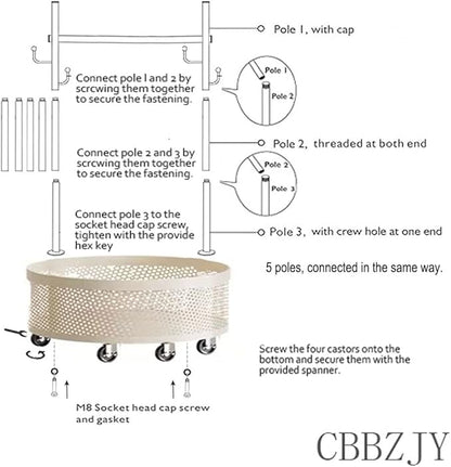 Rolling Coat Rack with Wheels, Freestanding Garment Rack with 6 Hooks & Mesh Storage Basket, Portable Clothing Rack Stand for Entryway, Bedroom, Closet, Cream White(Off-White)