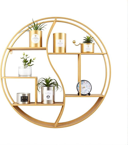Round Wall Shelf,24 inch Metal Circle Shelf Wood Floating Shelves,Rustic Gold Wall Mounted Display Organizer Shelf for Fireplace,Living Room,Bathroom