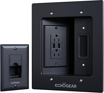 ECHOGEAR TV Cord Hider for Wall Mounted TV with 2X AC Outlets & 2X USB-A Ports - Hide Power Cables & Low Voltage Wires Behind The Wall - Includes Template, Saw, & Low Profile Extension Cord - Black