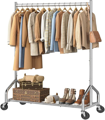 Simple Trending Heavy Duty Clothes Rack Load 420 LBS, Rolling Clothing Racks with Lockable Wheels, Metal Garment Rack for Hanging Clothes, Bedroom, Laundry Room, Silver
