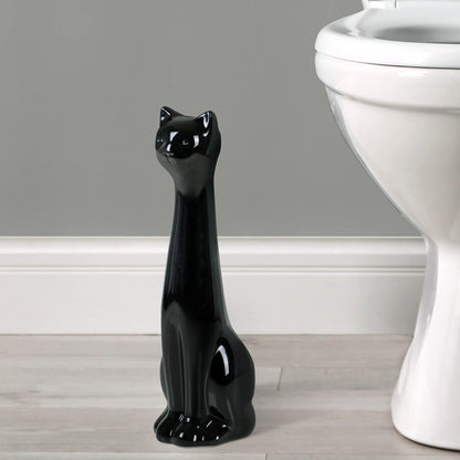 Cat 3 Piece Black Ceramic Toilet Brush Holder with White Plastic Brush and Soap Dispenser Set