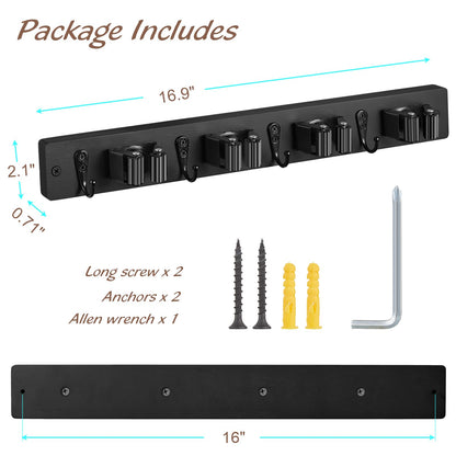 Black Mop Broom Holder Wall Mount with 4 Slots & 4 Hooks