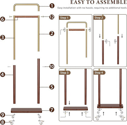 Taitiy Clothes Rack Solid Wood Coat Rack, Metal and Solid Wood Combination Clothing Rack with Wheels for Entryway, Bedroom, Living Room, Coat Racks Freestanding for Hanging Clothes Garment Scarf