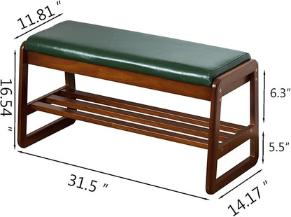 SOBIBO Shoe Bench with Storage - 2-Tier Entryway Bench, Solid Wood Shoe Rack with Cushion & Flip-Open Box, Mid-Century Modern for Hallway, Mudroom, Bedroom (Green, 31.5'')