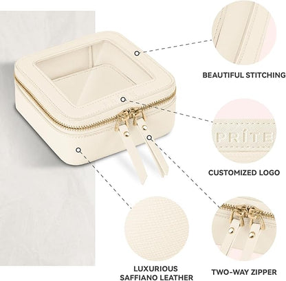 Prite Small Makeup Bag for Women Portable Clear Makeup Bag Cute Mini Waterproof Travel Cosmetic Bag with Gold Zipper for Car Essentials(Beige)