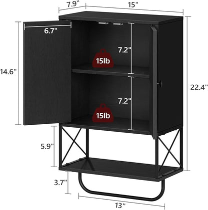 MAHANCRIS Bathroom Wall Cabinet with 2 Door and Adjustable Shelf, Farmhouse Medicine Cabinet with Towel Rack, 3-Tier Wall Mounted Storage Cabinet Over The Toilet for Bathroom Laundry Room, Black