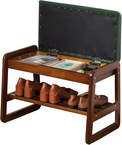 Shoe Rack Bench, Solid Wood Entryway Bench with Flip-Open Storage Box for Entry, Hallway (Green-21.65")