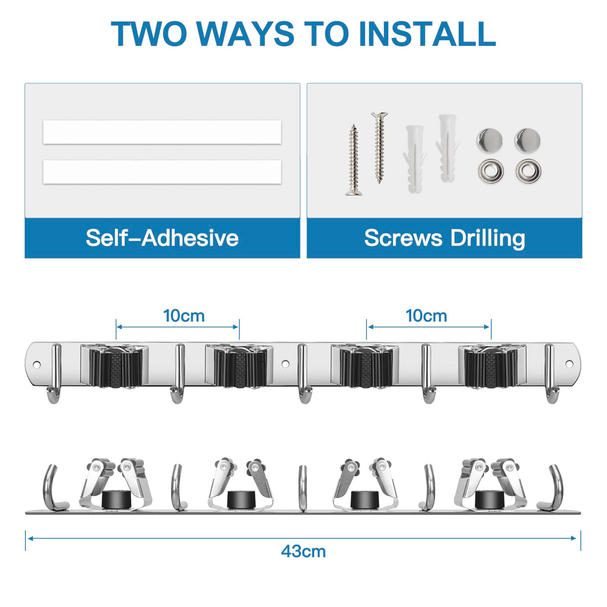 Broom Holder Wall Mount Stainless Steel Mop Organizer