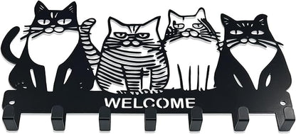 Key Holder for Wall, 11.88'' x 7'' Black Metal Cat Shape Decoration Key Hook Wall Mount Key Rack Hanger Storage Organizer with 7 Hooks for Home Doors Entryway Kitchen Garage Decor